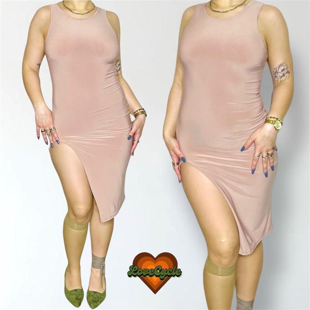 Women's Solid Open Back Split Thigh Tank Dress in Blush Beige